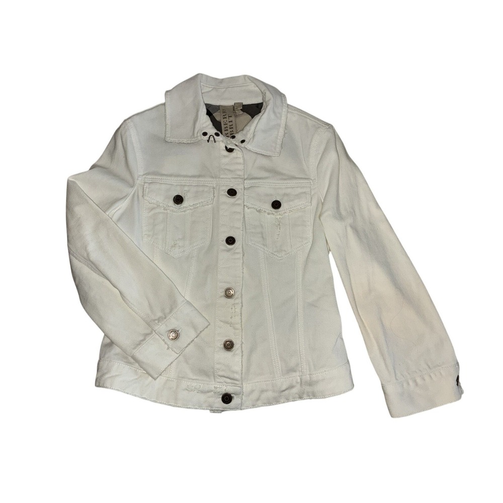 Burberry Brit Denim Jacket Women's 6 White Distressed Slim Fit Crop 3/4 Sleeve